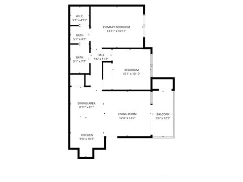 A floor plan of a house with a living room, dining area, kitchen, two bathrooms, a primary bedroom, a bedroom, and a balcony.